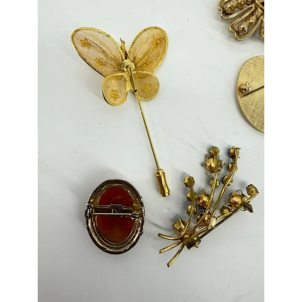Vintage Brooch Lot 10 Rhinestone Floral Cameo Butterfly Gold Costume Jewelry